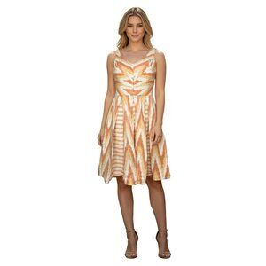 Eva Franco Anthropologie Orange White Pleated Dress Sz 4 V Neck